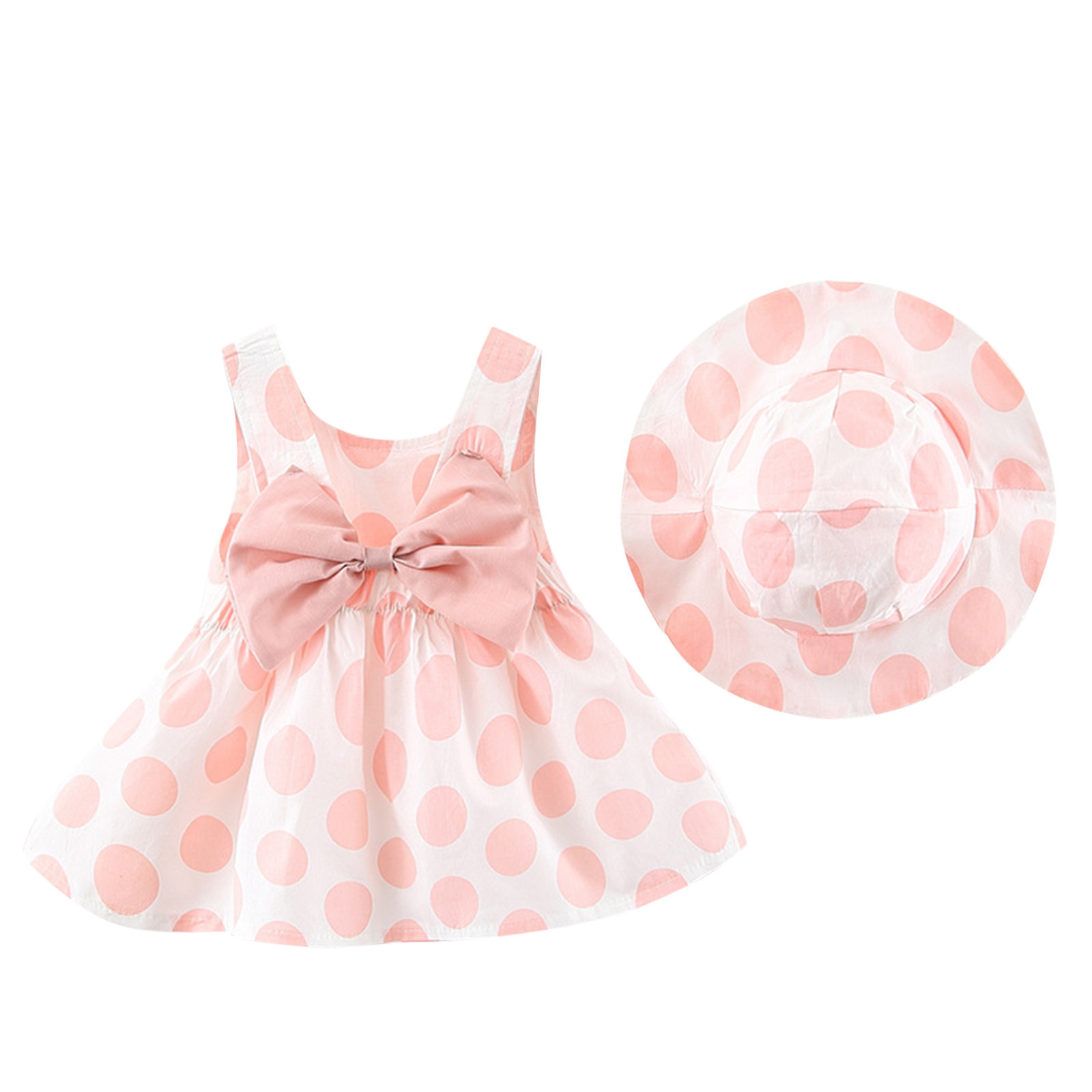 JSCDRPDWL Flower Girl Dress Infant Dot Print Ruffles Dress with Hat 2 Topiece Set Outfits Baby Summer Sleeveless Beach Vacation Dresses Set Newborn Baby Girl Clothes Pink 2-3 Years
